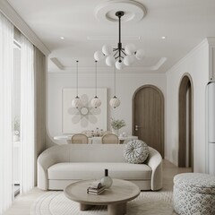 Studio Apartment modern interior design of a living room, sofa white color theme