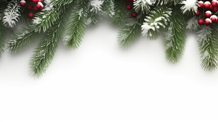 Fototapeta na wymiar Christmas background with xmas tree, fir branches and balls on white background. Merry christmas card. Winter holiday theme. Happy New Year. Space for text, top view