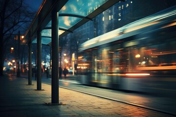 Night scene of bus stop captured with motion blur - obrazy, fototapety, plakaty