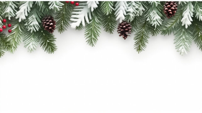 Christmas background with xmas  tree, fir branches and balls on white background. Merry christmas card. Winter holiday theme. Happy New Year. Space for text, top view
