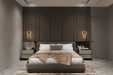 Luxury bedroom accessories bed, pillow, behind self and proper lighting decoration
