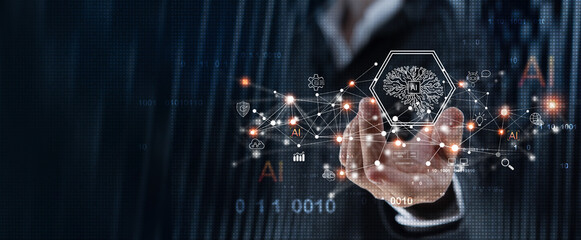 Ai technology, Artificial Intelligence, machine learning. Businessman using technology smart robot with AI prompt of data searching for business and marketing