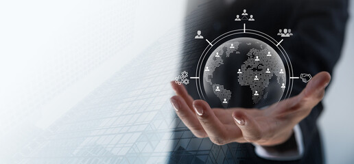 Human Resources HR recruitment and global outsourcing, team building concept. Businessman holding business global network, Customer service, Teamwork, business team building strategy