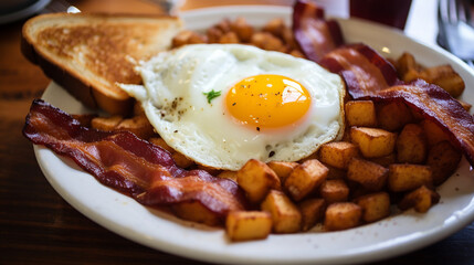 breakfast with bacon eggs and home fries on white plate. delicious breakfast menu with sausage