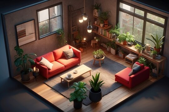 Isometric view minimal loft interior architecture, 3d rendering. A beautiful cozy room with two red sofas, indoor plants, lamps turned on.