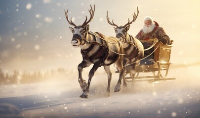 Santa Claus and his sleigh and reindeers - obrazy, fototapety, plakaty