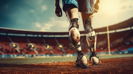 Determined Man with Prosthetic Leg Competing on Stadium Track - obrazy, fototapety, plakaty