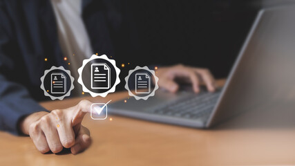 Businessman using laptop to check digital form online blue background