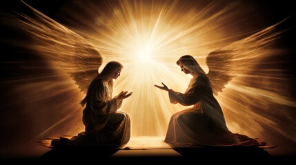 Woman on knees receives Annunciation of Blessed Virgin Mary - obrazy, fototapety, plakaty