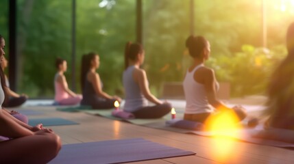 Diverse people meditate in the lotus position in a spacious yoga studio in nature.