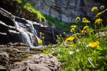 Obraz na płótnie Canvas WIld daisy flower over the green grass near from waterfall river stone cliff
