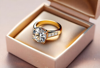 Beautiful diamond ring inside of an elegant gift box.