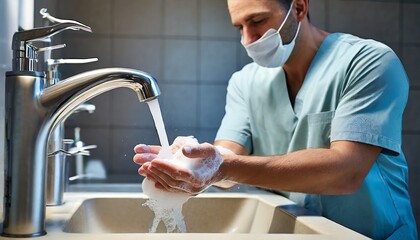 Un doctor, médico o cirujano con mascarilla lavándose las manos con jabón y agua del grifo, cumpliendo las normas de higiene. Esta imagen es ideal para proyectos relacionados con la salud e higiene. - obrazy, fototapety, plakaty