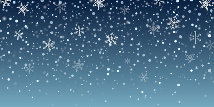 Abstract blue Christmas background with snowflakes and snowfall for winter celebration, vector illustration.