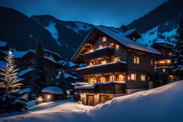 Ski resort houses decorated for Christmas in winter, street in mountain village or town at night. Chalets covered with snow in dark cinematic scenes - obrazy, fototapety, plakaty