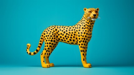 a toy cheetah standing on top of a yellow and blue surface in front of a blue and yellow background.