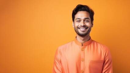 Obraz premium Gleeful South Asian man, 20s, with short jet-black hair in orange studio