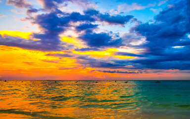 Awesome sunset at tropical Caribbean beach Playa del Carmen Mexico.