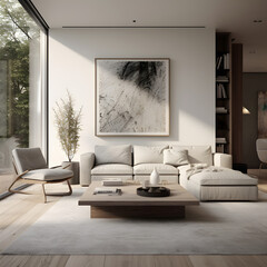Modern Minimalist Living Room: Visuals of a sleek and minimalistic living room with clean lines, neutral tones, and carefully curated furnishings, highlighting modern interior design aesthetics