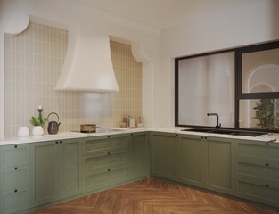 Fototapeta na wymiar Open Kitchen ideas with with theme developed furniture overview