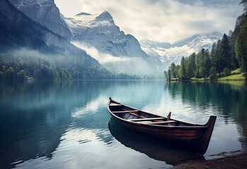 Tranquilidade montanhosa - Lago sereno, barco de madeira e montanhas majestosas