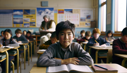 Smiling Inuit boy sitting at a desk in the school classroom.Elementary or Primary school age. - obrazy, fototapety, plakaty