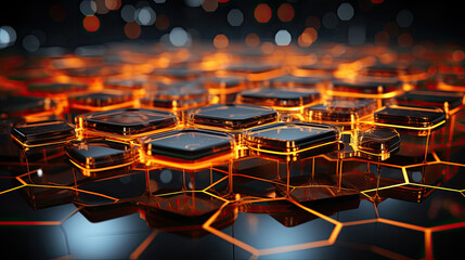 Obraz premium Hexagonal Radiance: Abstract Web Illuminated in Orange Brilliance. Generative AI
