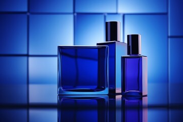 Avant-garde skincare bottles in a bold cobalt blue, arranged on a background of modern abstract art. Blank label areas for logos, copy space on blank label.