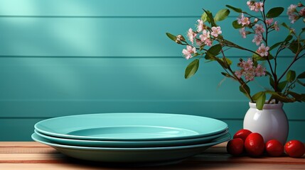 An empty blue ceramic plate stands on a wooden table with flowers.
