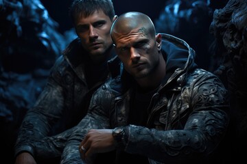Two young handsome athletic men in army uniform are sitting against the backdrop of dark rocks.