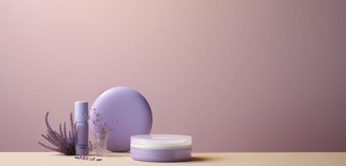 Chic, compact skincare products with space for customization, arranged neatly on a pastel violet canvas, highlighting simplicity. Copy space on label.