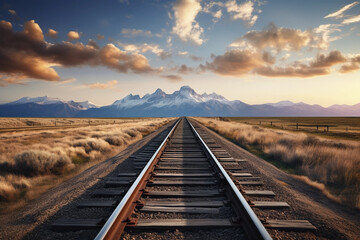 Obraz premium Railroad to horizon in sunset, snow mountains on background