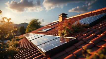 Solar panels on the roof of a house at dawn. The theme of ecology and reasonable economical consumption of electricity. - obrazy, fototapety, plakaty