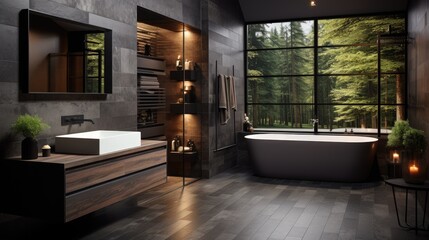 Fashionable bathroom in gray. Interior Design. Minimalistic style.