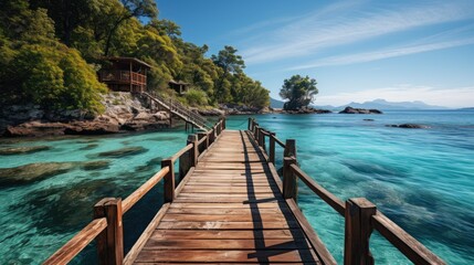 Wooden bridge stretching towards the horizon. Set against the backdrop of the ocean and a beautiful beach island.