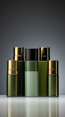 Close-up of luxury skincare product bottle in assorted colors, none in green, lined up with precision. Each bottle showcases a blank label, ideal for adding text and with copyspace on blank label. - obrazy, fototapety, plakaty