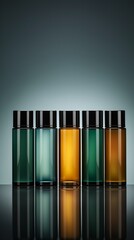 Close-up of luxury skincare product bottle in assorted colors, none in green, lined up with precision. Each bottle showcases a blank label, ideal for adding text and with copyspace on blank label.