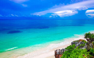Natural seascape panorama beach view Tulum ruins Mayan site Mexico.