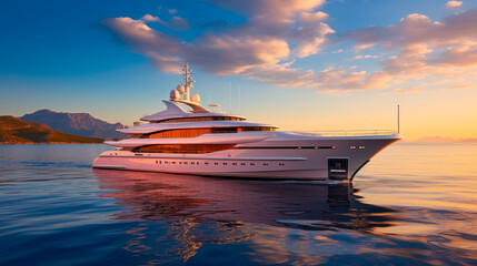 Beautiful modern white yacht on the blue sea, against the background of the mountains. Superyacht at anchor on a sunset.