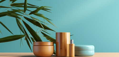 Eco-friendly, bamboo skincare packaging with label space, set against a vibrant turquoise backdrop,...