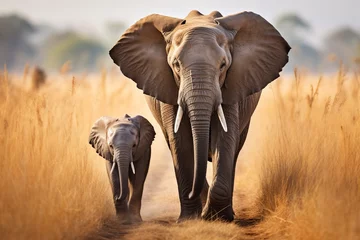 Foto op Aluminium Mom and baby African elephant walking together in field © Sawai Thong