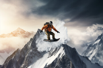 Naklejka na ściany i meble Man playing snowboard on the mountain
