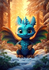 A beautiful cute magic dragon with big kind eyes sits against the backdrop of a fairy forest. A wonderful and sweet character.