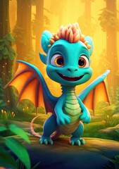 A beautiful cute magic dragon with big kind eyes sits against the backdrop of a fairy forest. A wonderful and sweet character.