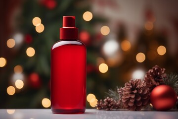 Obraz na płótnie Canvas Festive skincare single bottle in a bright red, set against a backdrop of holiday decorations. Space on labels for custom text, copy space on blank label.