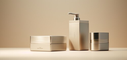 High-end skincare packaging with a metallic silver finish, blank labels for personalization, set on a soft beige backdrop. Copy space on label.