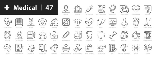Medecine line icons set. Medical and Health outline 47 icons collection. Doctor, medical card, diagnostic, pharmacy, ambulance, internal organs, sense organs, cardiogram - stock vector. - obrazy, fototapety, plakaty