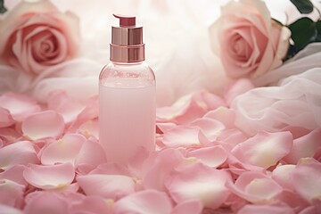 Romantic skincare bottles in a blush pink, arranged on a bed of rose petals and soft lace. Blank label areas for logos, copy space on blank label.