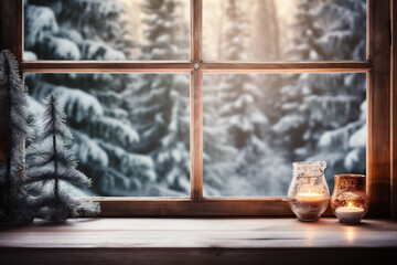 Candles and Christmas tree on the background of a window in winter