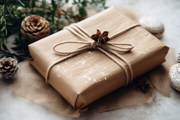 Christmas presents wrapped in craft paper and tied with twine on rustic wooden background